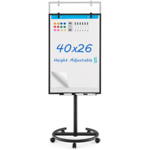 Height-Adjustable Mobile Whiteboard with Round Stand Paper Clips-Black - Color: Black