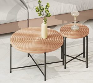 2-Piece Coffee and End Table Set - Waterproof MDF with PVC Cover, Distressed Cylindrical Design, Black Metal Legs - Classic Rustic Charm, Red Cedar-Brown