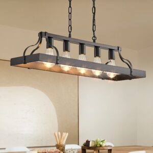 33.7-Inch Black Industrial Pendant Light with 5 E26 Bulb Sockets, Adjustable Chain Height - Modern Farmhouse Linear Chandelier for Dining Room, Kitchen Island, or Living Room (Bulb Not Included)