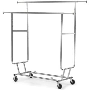 Heavy Duty Double Bar Clothes Hanging Garment Rack on Lockable Wheels