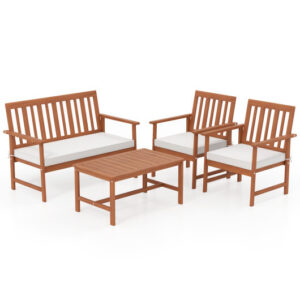 4 Pieces Acacia Wood Furniture Set with Seat Cushions and Robust Wood Frame-White