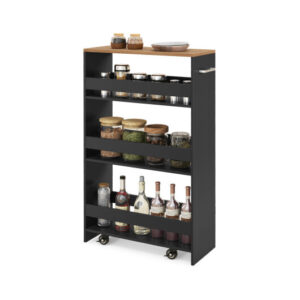 4-Tier Rolling Storage Cart Slim Kitchen Cart on Wheels with Open Shelves and Handle-Black - Color: Black