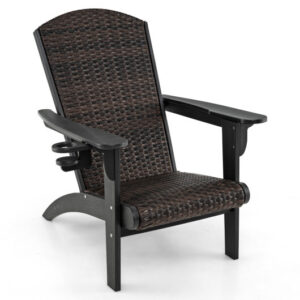 Patio Adirondack Chair with Rattan Padded Seat and Hidden Cupholder-Black - Color: Black