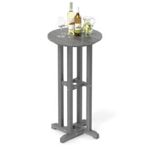 21.5 Inch Round Bar Table Patio HDPE Bar Height Dining Table with Slatted Tabletop-Gray - Color: Gray