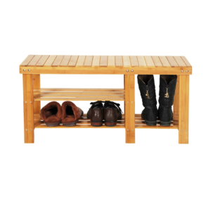 90cm Strip Pattern Tiers Bamboo Stool Shoe Rack with Boots Compartment Wood Color