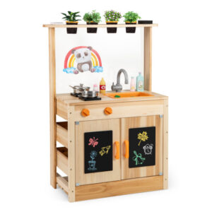 Kids Mud Kitchen Fir Wood Playset with Planting Pots and Blackboards-Natural - Color: Natural