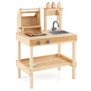 Wooden Barbecue Grill Playset with Play Food and Open Shelves-Natural - Color: Natural